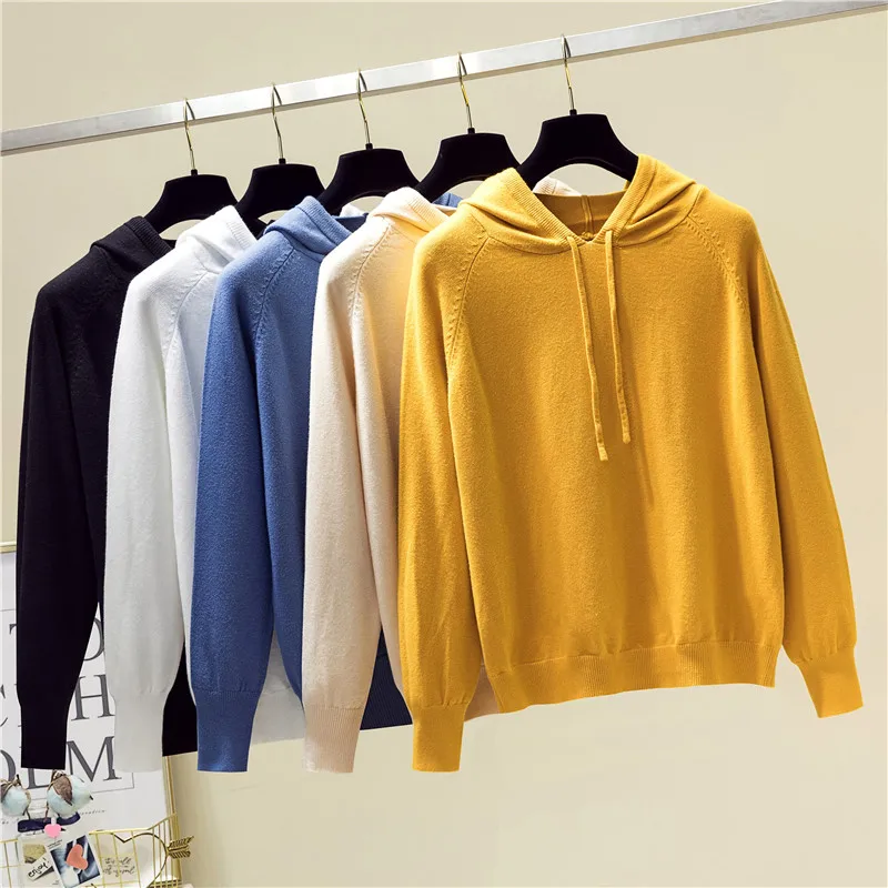

Women's Autumn Winter 2020 Hooded Solid Color Knitted Pullover Sweater Loose Long-Sleeved All-Match Top Pull Femme