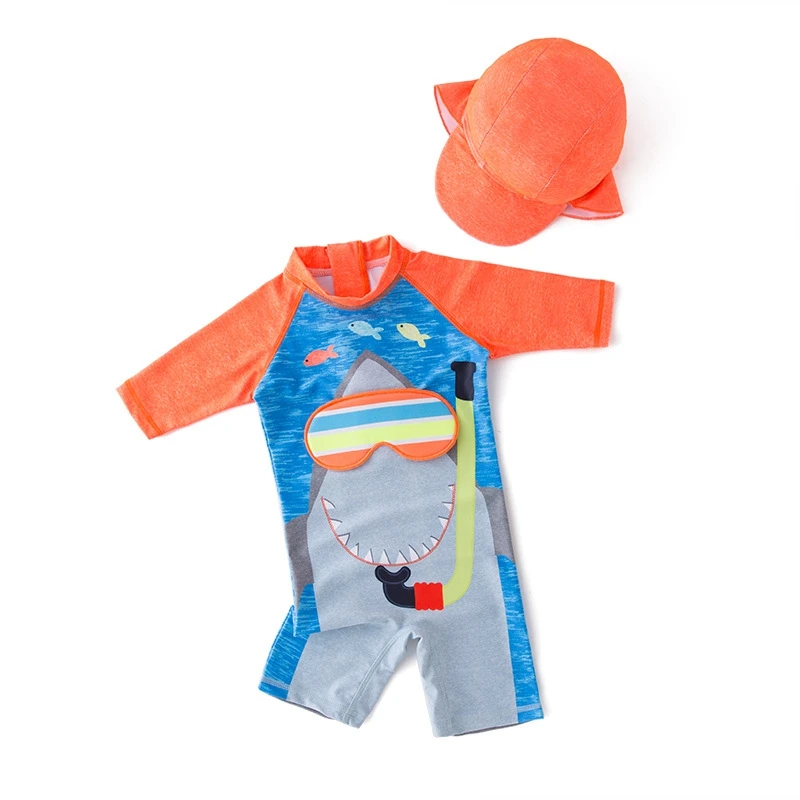 Kids Boy Swimsuit Cartoon 2020 Swimming Bathing Boys Swimwear Romper+Cap 2Pcs Baby Swimsuits Shark | Спорт и развлечения