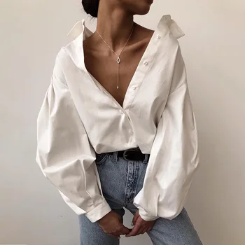 

Lady Fashion Loose Blouses Long Sleeve Casual Lapel Female Clothing Tops Sexy V-Neck Women's Plain Blouse Office Work Streetwear