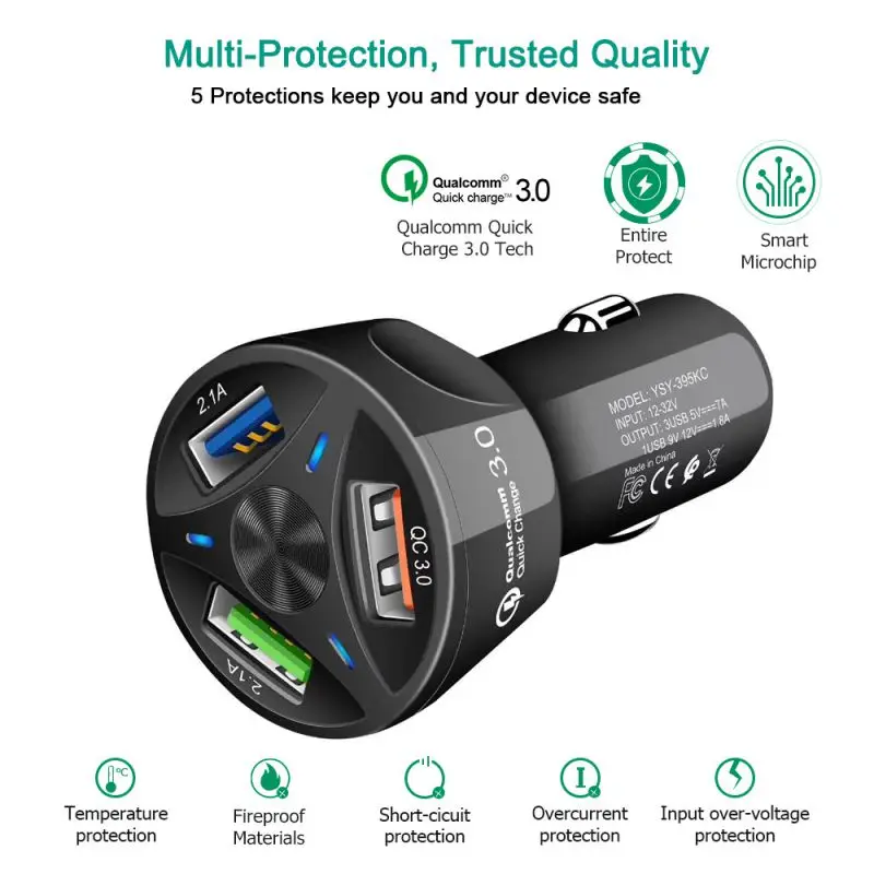 Car Charger With 3 Ports USB Practical Fast Car charger fireproof Car Charger Quick car Charger For Phone With 3 Ports USB