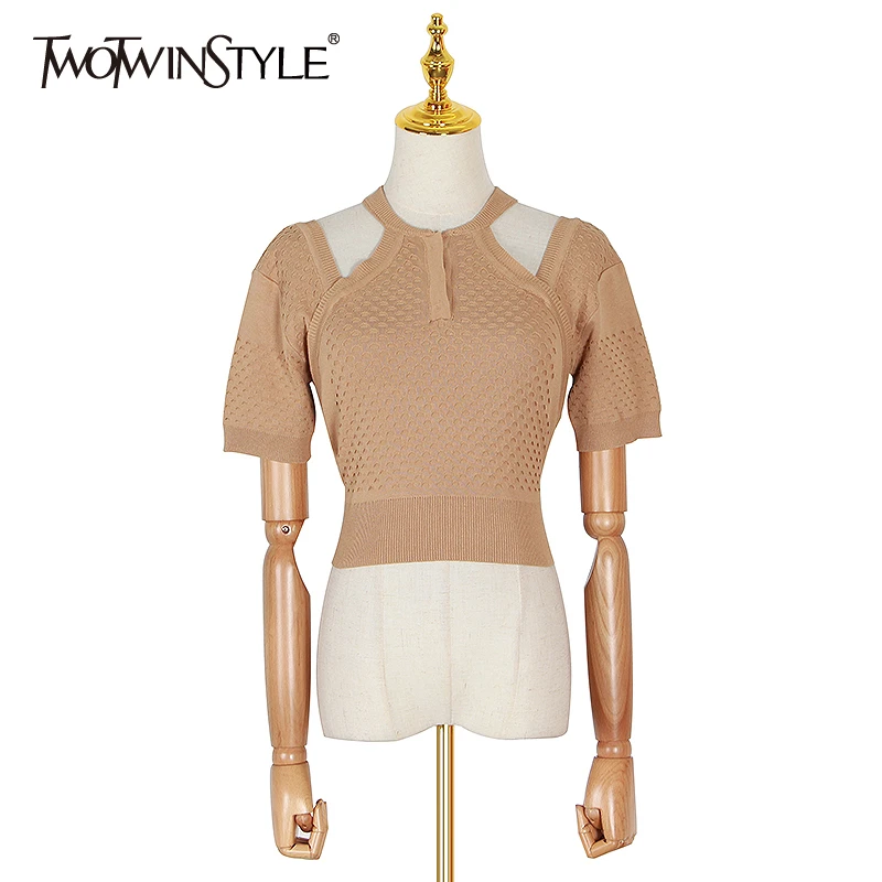 

TWOTWINSTYLE Casual Solid Women Suit Halter Half Sleeve Hollow Out Short Tops High Waist Pants Two Piece Set Female 2020 Fashion