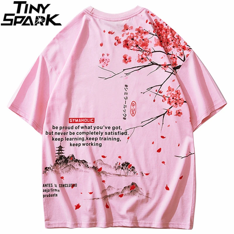 Hip-Hop T-Shirt Streetwear Japanese Pink Sakura Cotton Summer Painting Short-Sleeve Men