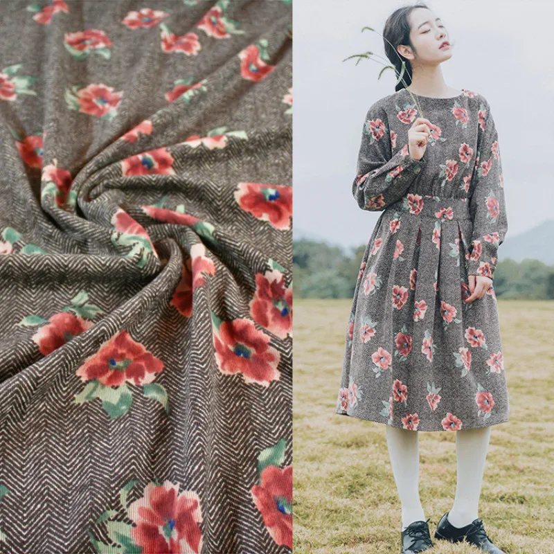 Половина метра большой красный цветочный принт хлопок Вельветовая ткань для