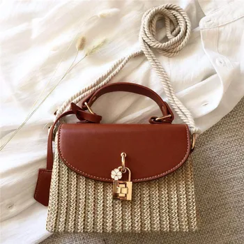 

Retro Straw Bag 2020 New Summer New Female Bag Panelled Woven Beach Bag Fashion Portable Crossbody Bag Women Purse and Handbags