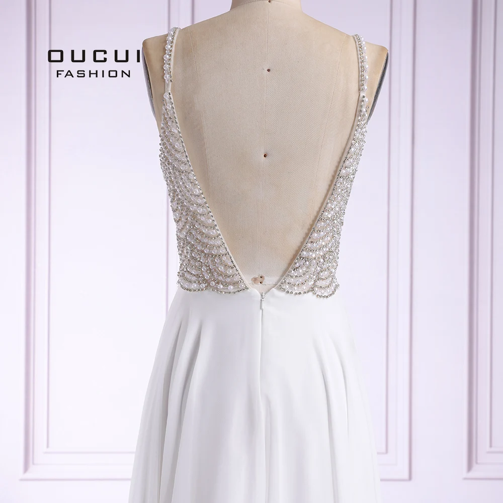 Elegant Women Evening Dress Long White Beaded Rhinestone Party Dress Backless A-line Sleeveless Evening Gown OL103439