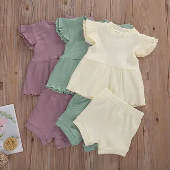 

Little Girls 2-Piece Outfit Set Sleeveless Ruffle Knitted Patchwork Striped Round Neck Top Drawing Strap Elastic Band Pants Set