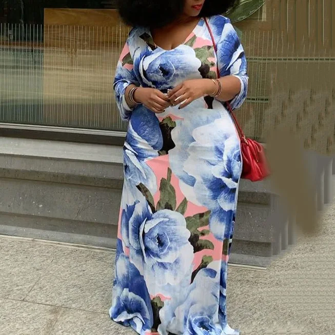 Plus Size Women Dress 3XL 4XL New African Floor Length Blue Print Deep V Neck Elegant Evening Party Night Vestidos Dresses Long