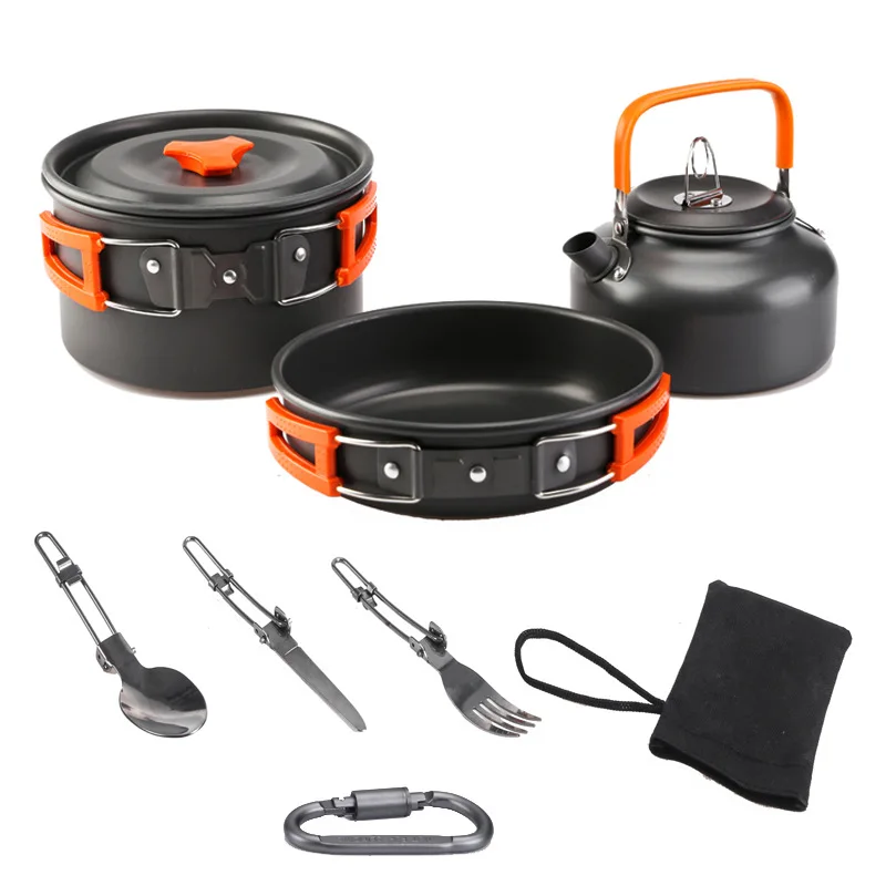 

Amazon New Style Outdoor Camping Pot Set Tea Pot Combination 2-3 People Pot Set with Tea Pot Tableware Outdoor Cookware