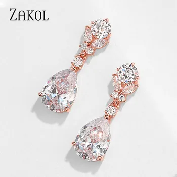 

ZAKOL Women Waterdrop Teardrop Crystal Large Dangle Earrings Luxury Wedding Jewelry FSEP2599