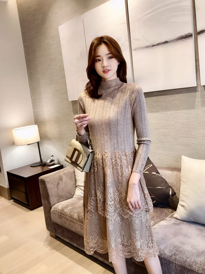 

Autumn Winter 2019 New Woman Dresses Knitted Style Temperament Trim Simple Fashion Lace Patchwork Knit Dress