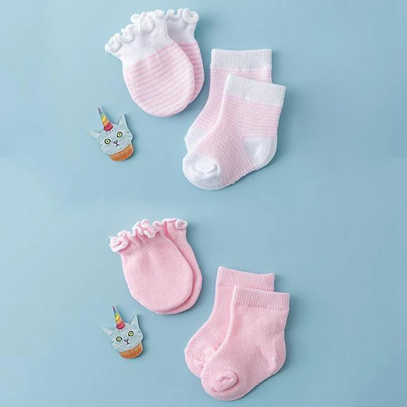 4 Pairs/Set Newborn Warm Baby Socks Anti Scratch Cotton Soft Gloves Sets Solid Color Boys Girls Mittens Suits 0-6M