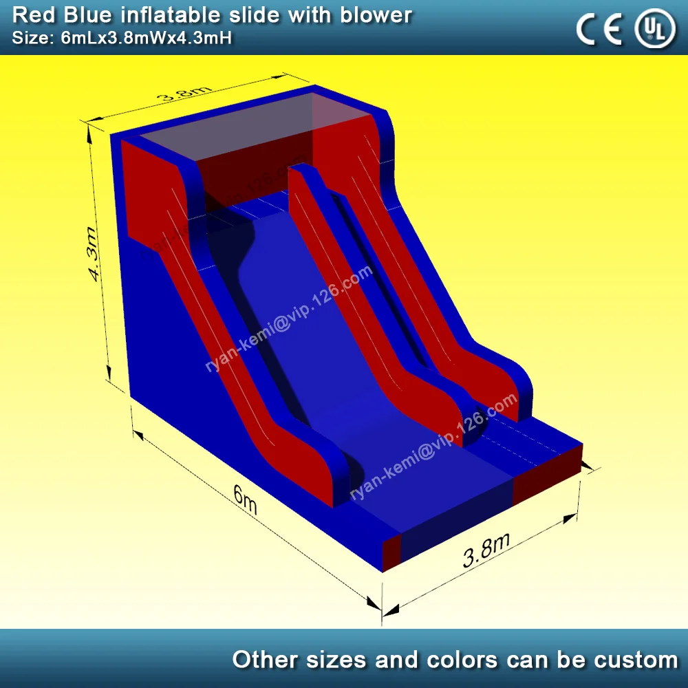 dimension szie drawing of 6m 20ft Red blue PVC inflatable slide  commercial inflatable slide for kids adults with blower