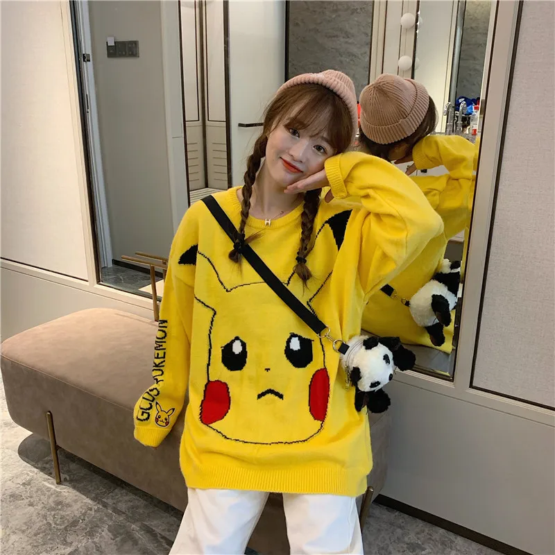 

Cartoon Print Sweater Women Embroidery Pikachu Pokemon Funny Thicken Winter Sweaters Long Sleeve Pullovers Loose Plus Size V597