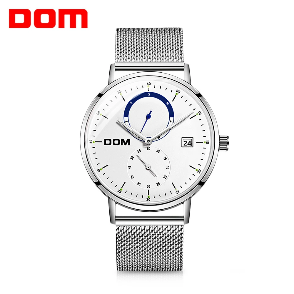 

DOM Men Wrist Watch Luminous Calendar Steel Mesh Strap Waterproof Male Fashion Analog Quartz Watches