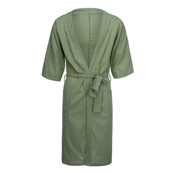 

Spring And Autumn Men's Long Belt Pocket Solid Linen Five-point Sleeve Casual Nightgown
