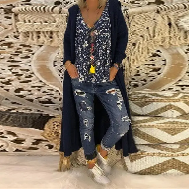 navy blue Женский свитер осень зима однотонная Верхняя одежда Стильный теплый длинный рукав трикотаж с капюшоном дамское пальто размера плюс - Цвет: navy blue