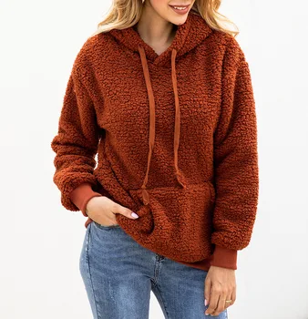 

Drawstring Hoodies Plush Women Hooded Female Casual Sweatshirt Fleece Warm Winter Spliced Pockets Hoody Outwear Moletom Clothes