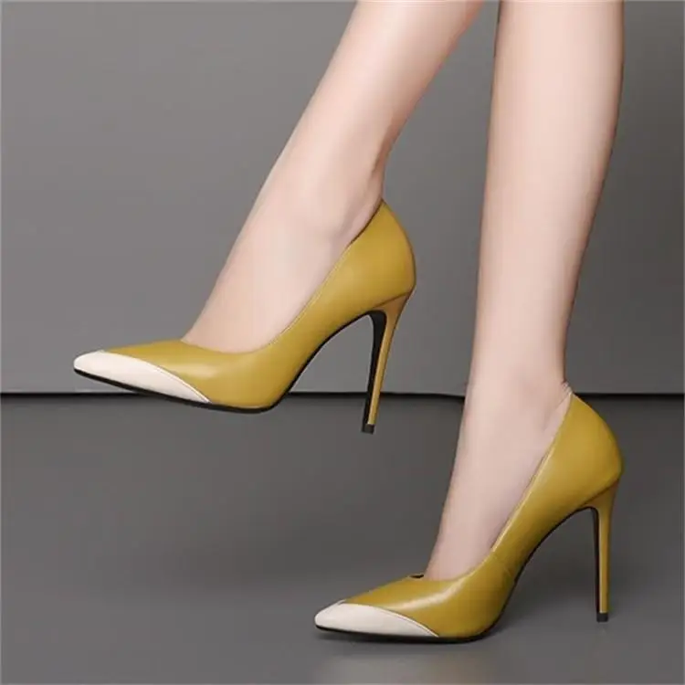 

Color pointed high heels, thin heels, light leather, professional single shoe head layer cowhide 10cm
