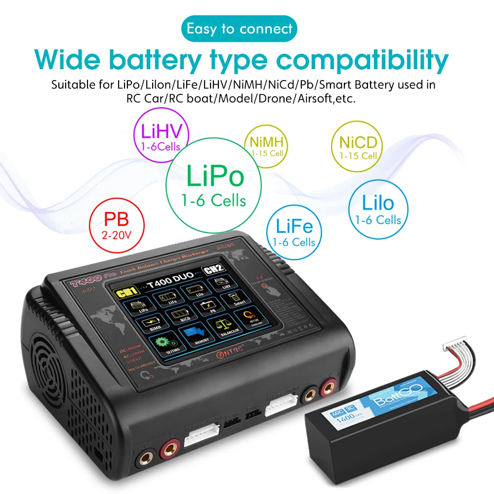 Lipo Charger DC 400W/240W Discharger For LiPo LiHV LiFe Lilon NiCd NiMh Pb battery Charger battery charger battery charger adapter for RC Models Toys HTRC T400/T240