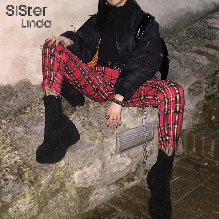 Sisterlinda женские осенние красные клетчатые повседневные штаны с высокой талией на молнии, новые модные прямые брюки, женские брюки
