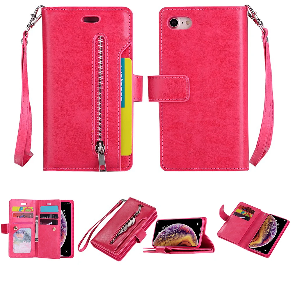 rose red LAPOPNUT чехол для Iphone 11 Pro Xs Max X Xr 8 7 Plus 6 6s 5 5S SE кожаный бумажник на молнии откидной карман Сумочка с ремешком - Цвет: rose red