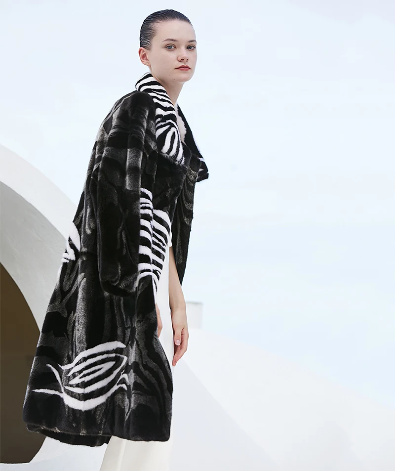 Ftangaiur Winter Import Velvet Mink Fur Coat Contrast Color Striped Mink Coat Women's X-Long Natural Real Mink Fur Coats