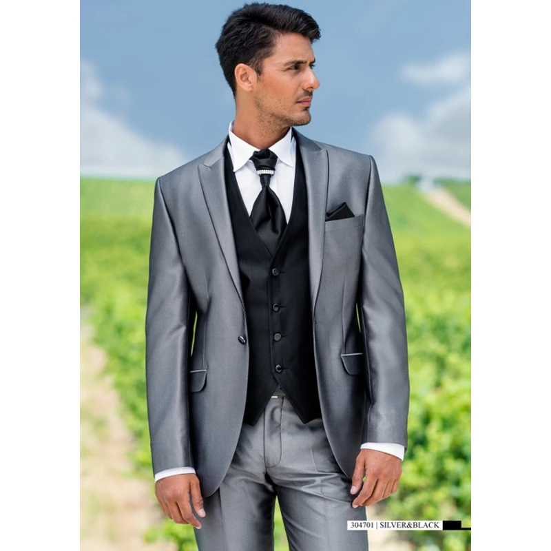 

Custom Made Grey Satin Men Suit Slim Fit Tuxedo Skinny 3 Piece Gentle Groom Prom Suits Wedding Suits For Men (Jacket+Pant+Vest)