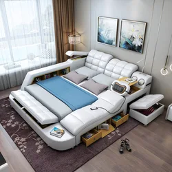 Lit Double intelligent en cuir sans matelas, lit fonctionnel de mariage, Style moderne, rangement, meubles de chambre à coucher 