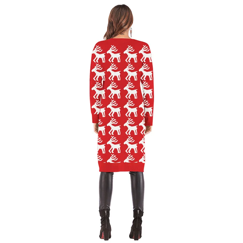 Рождественский свитер, Осенний длинный кардиган с леопардовым принтом, женский длинный вязаный свитер с длинным рукавом, верхняя одежда, женские джемперы, туника