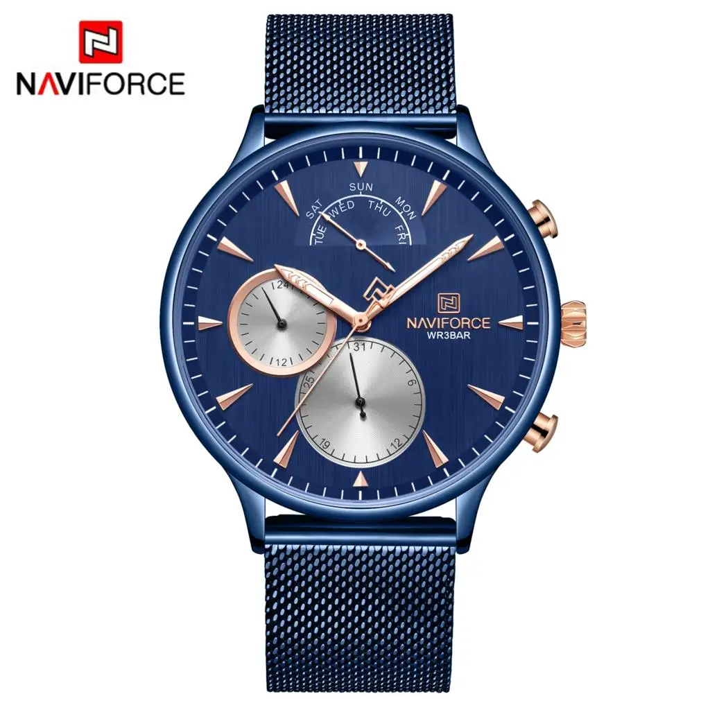 Синий NAVIFORCE часы мужские s часы лучший бренд роскошные часы мужские повседневные сетчатые стальные 3ATM водонепроницаемые спортивные часы Relogio Masculino - Цвет: Синий