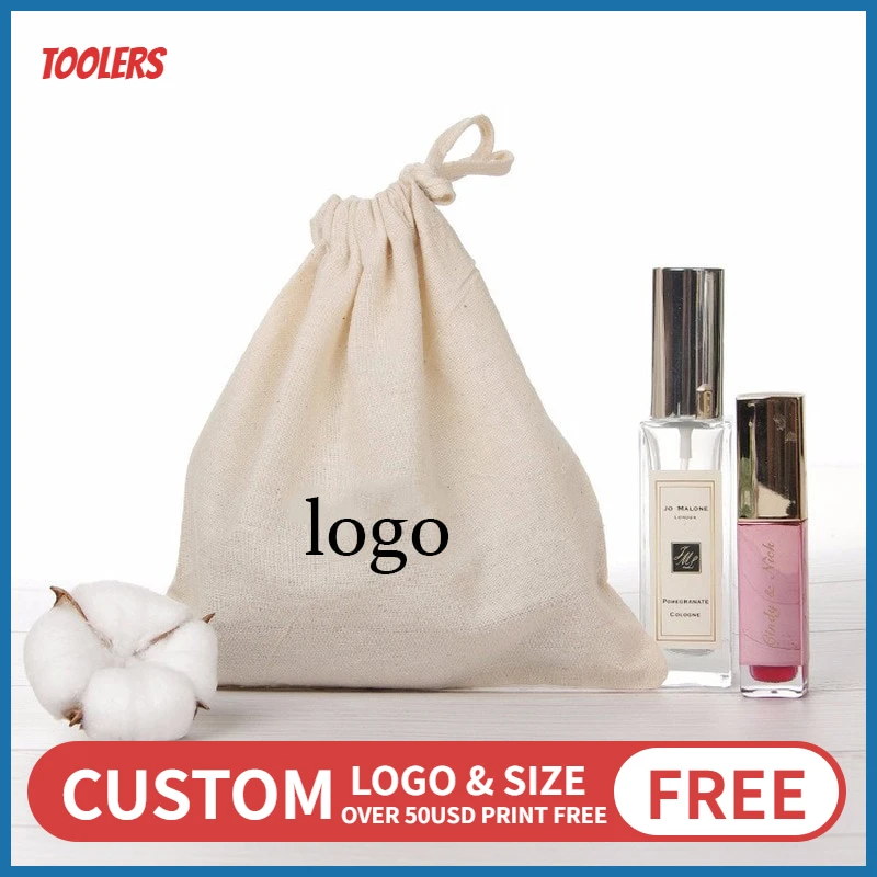 Bolsa de Linho de Algodão Personalizado com o Próprio Bolsa de Presente Caixa de Maquiagem Bolsas de Embalagem Natural Logotipo Telefone Jóias Cordão Bolsas Personalizados 50 Pçs