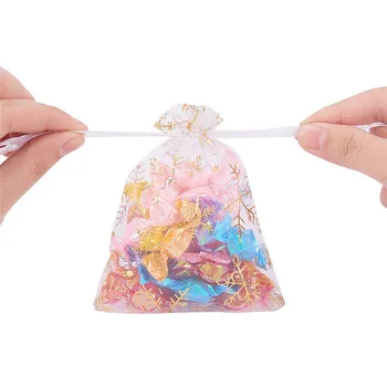 

100PCS Transparent Gold Printed Tulle Drawstring Jewelry Bag Wedding Party Decoration Christmas Gift Bag Candy Box Christmas Bag