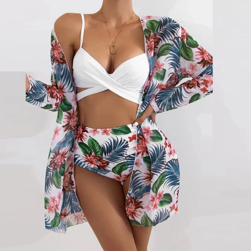 Conjunto de Bikini de 3 piezas para mujer, bañador Sexy con sujetador de tirantes + cárdigan, traje de baño brasileño con estampado de flores, moda de verano 2021