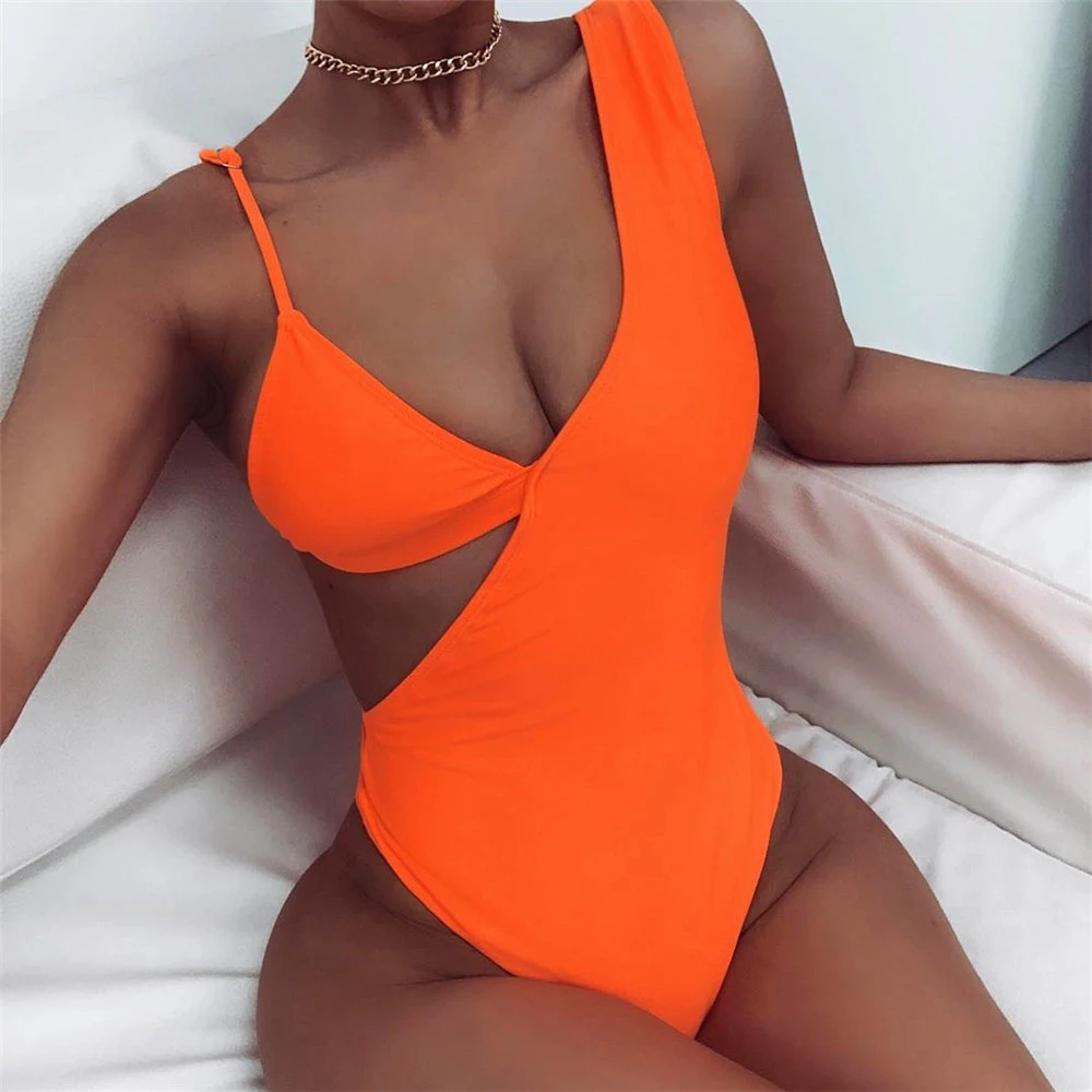 Сексуальный ассиметричный Одноцветный Цельный купальник для женщин монокини с высоким вырезом, стринги, одежда для плавания для женщин, купальный костюм трикини - Цвет: Orange Swimsuit