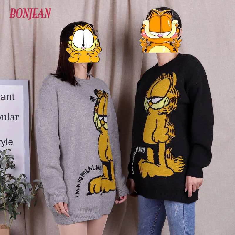 

2020 Cartoon New Oversized Garfield Sweater Christmas Jumpers Korean Autumn Winter Loose Fashion Girl Clothes Top Long Pullovers
