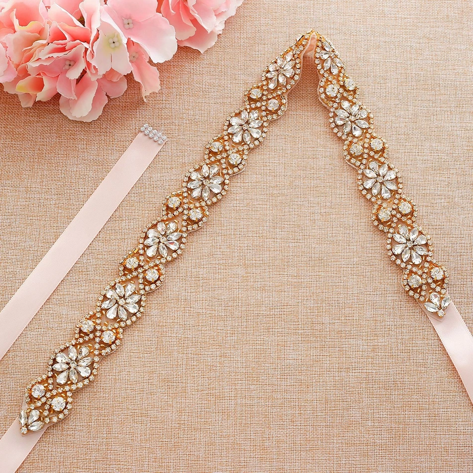 Mecresh Gold Color Flower Wedding Dress Belt Sash Bridal Geometric Rhinestone Crystal Ivory Pink Black Belt for Women MYD037