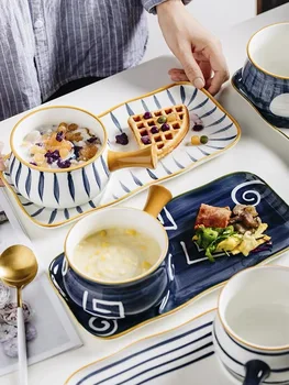 

2020 New Arrival Breakfast Set Ceramic Porriage Bowl With Handle Dish Large Ceramic Plate Japanese Style