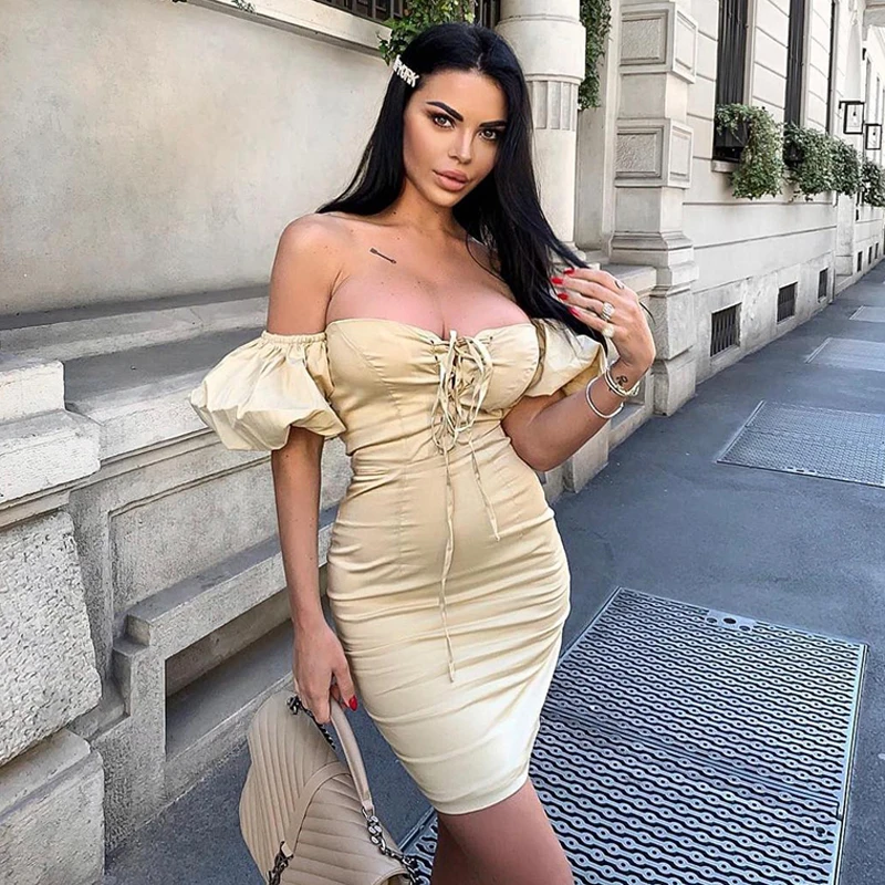 INDRESSME Новинка года с открытыми плечами короткие пышными рукавами кос Bodycon V средства ухода за кожей шеи кружево до для женщин знаменитости вечерние