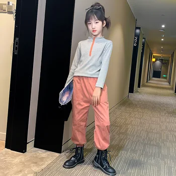 

Children's Girls Outfits Autumn Half Zipper Pullover+Cargo Pants Two Piece Kids Clothes Suit Pure Color Casual Toddler Girl Set