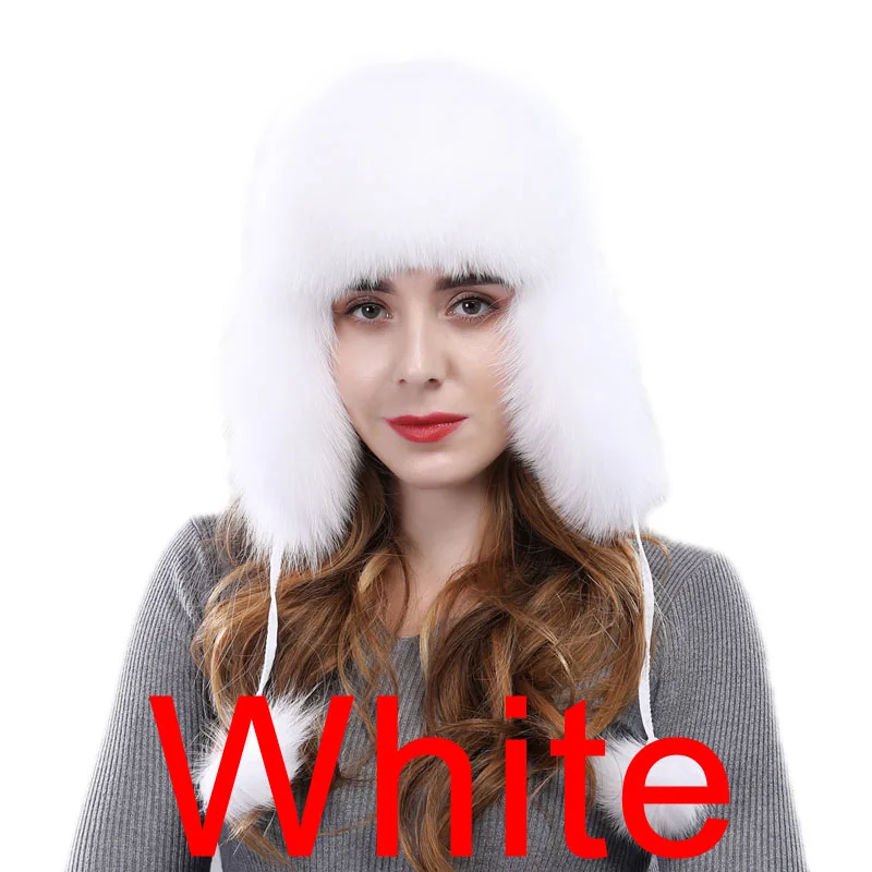 Зимняя шапка женская зимняя шапка из натурального Лисьего меха с поясом помпоны ушные шапки эластичные женские шапки из натурального меха енота высокого качества - Цвет: white