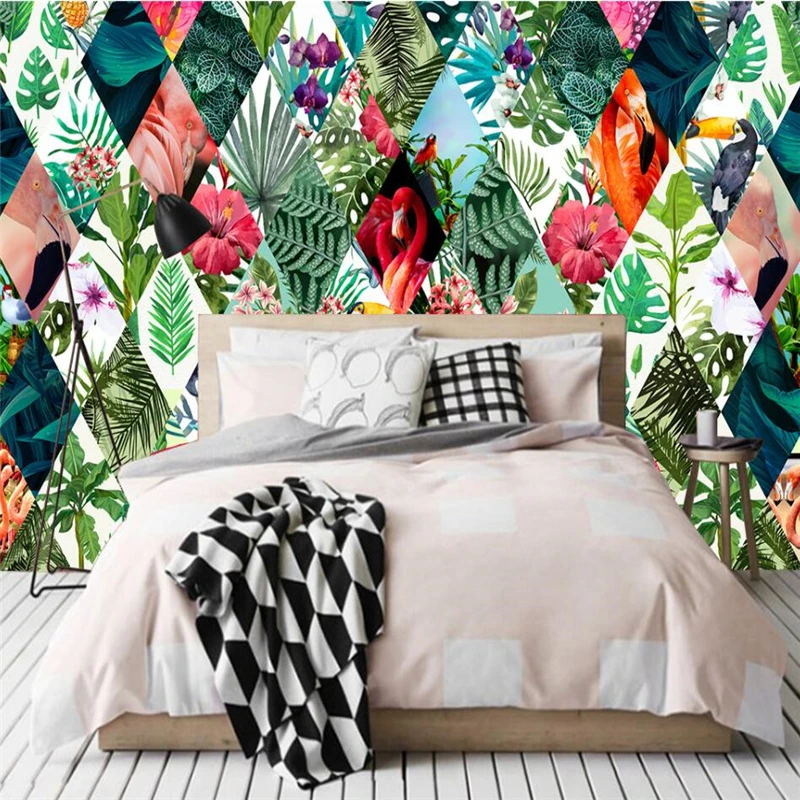 Beibehang-Nordic-tropical-plants-flower-flamingo-TV-sofa-background-wall-paper-custom-large-mural-green-wallpaper (3)