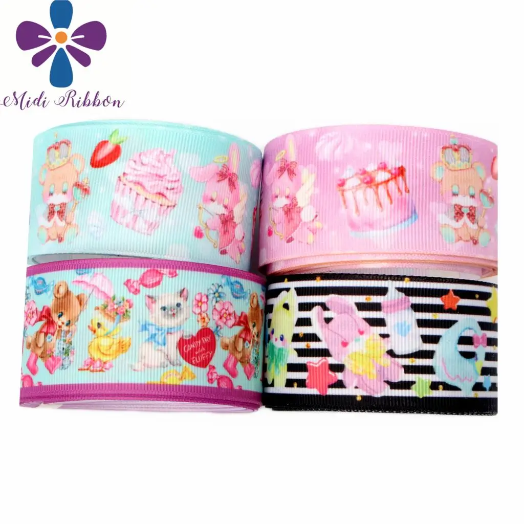 

16mm-75mm Cartoon Rabbit Bear Cupcake Strawberry Printed Grosgrain/Foe Ribbon Stripes Star DIY Hair Bowknots Gift 50yards/roll