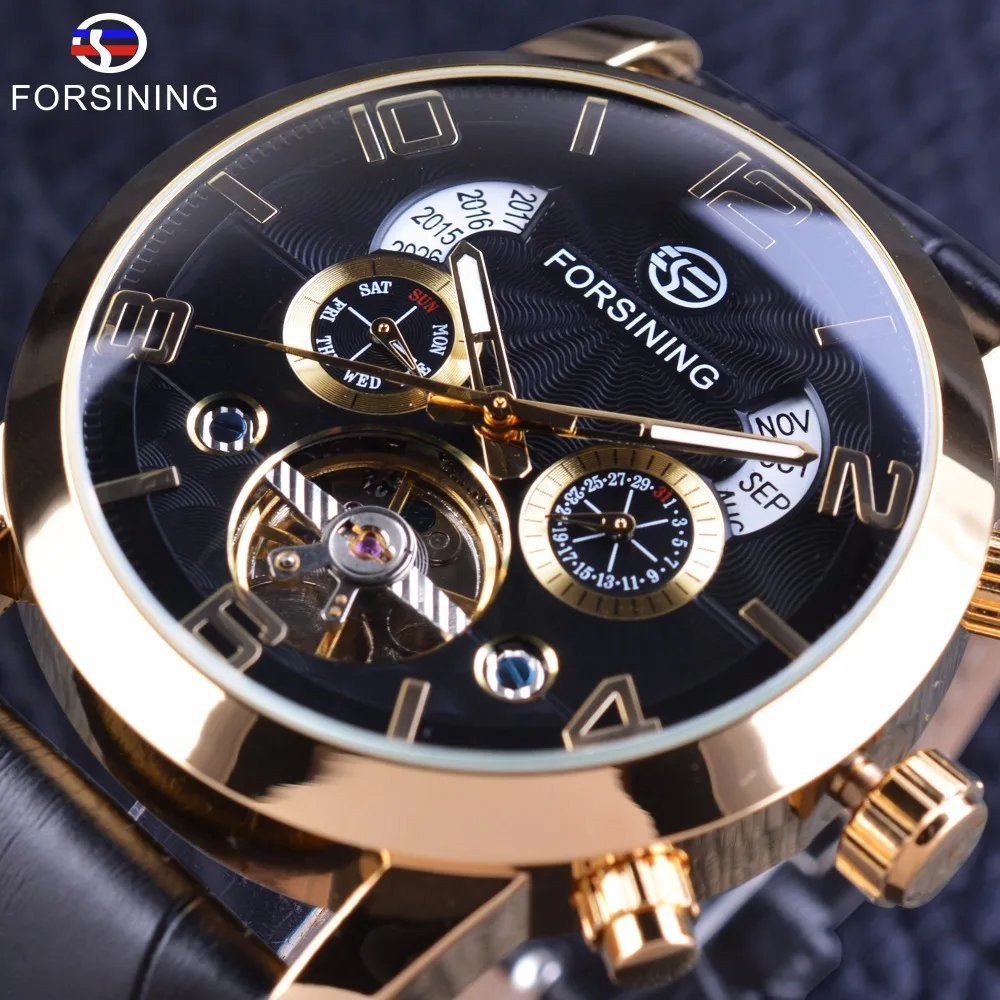 

Tourbillion Fashion Wave black gold clock multi-function display men's automatic mechanical watch top brand luxury Forsining
