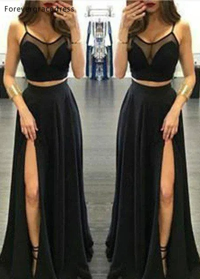 

Newest Two Pieces Black Evening Dress Side Split Sleeveless Formal Holidays Wear Graduation Party Gown Custom Made Plus Size
