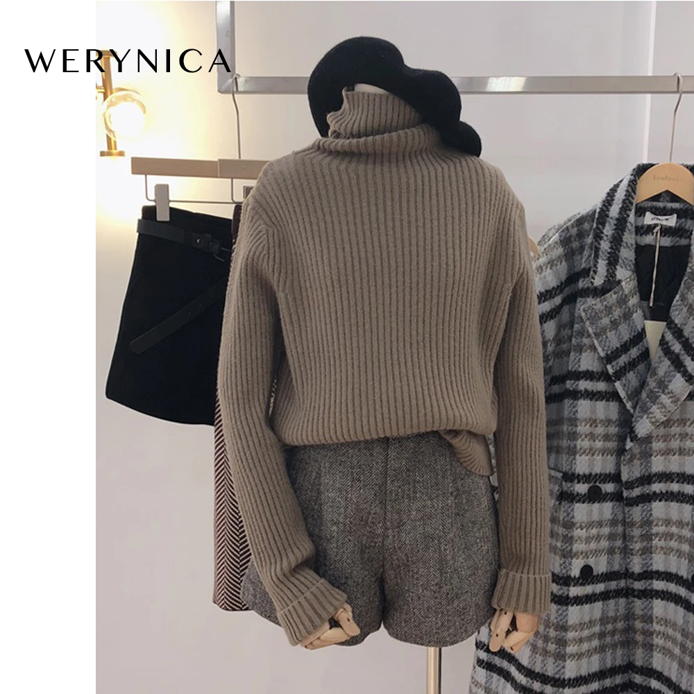 Werynica корейский стиль свободный свитер женский пуловер Повседневный Водолазка с длинным рукавом вязаный кашемировый свитер женский однотонный мягкий свитер