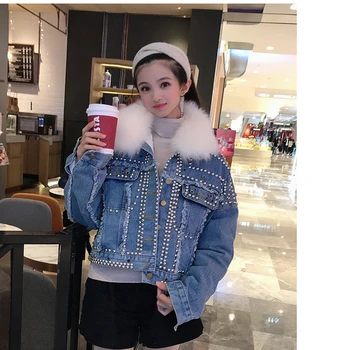 

Down jacket for women New autumn/Winter 2020 short denim white duck down with a real fox big fur collar rivet coat removed