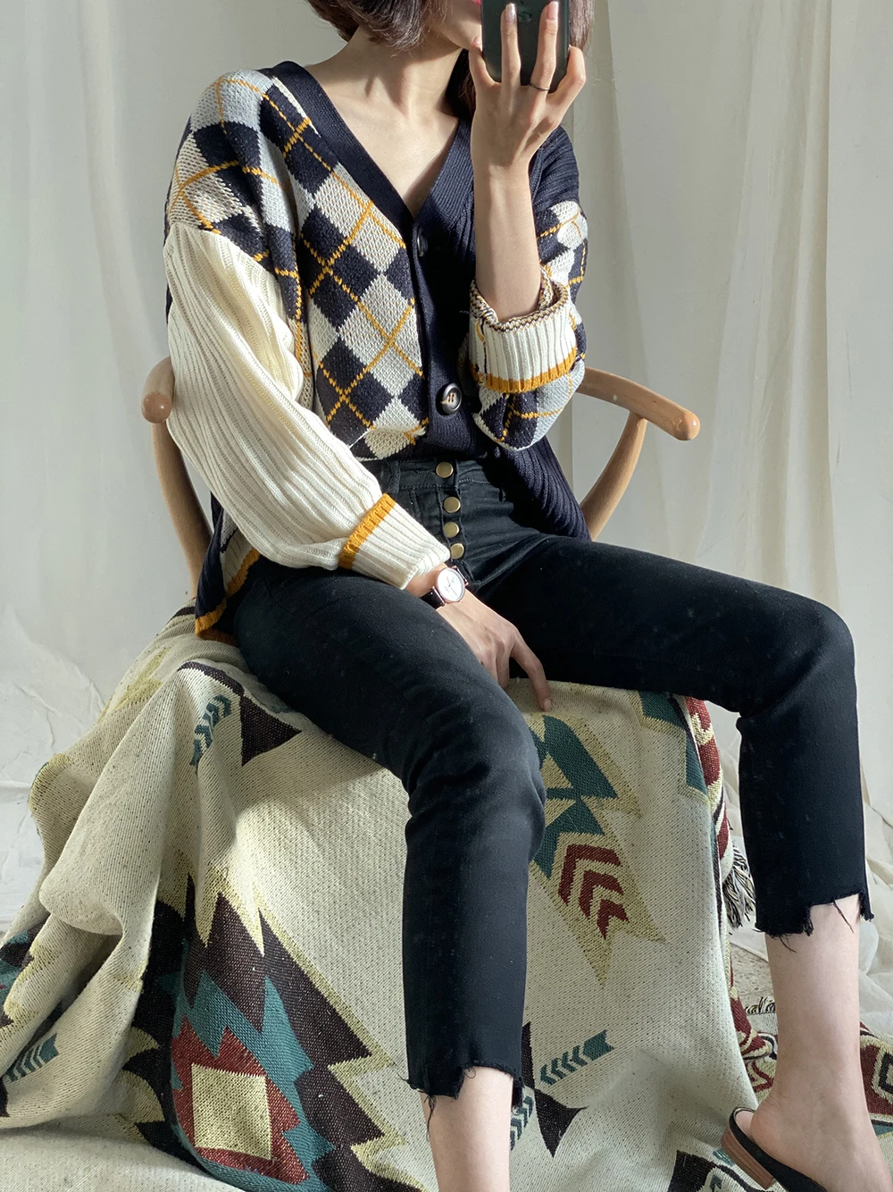 Vintage V-neck Diamond Pattern Cardigans Women Long Sleeve Single Breasted Tops Korean Loose Fashion Sweaters Cardigans Vestidos