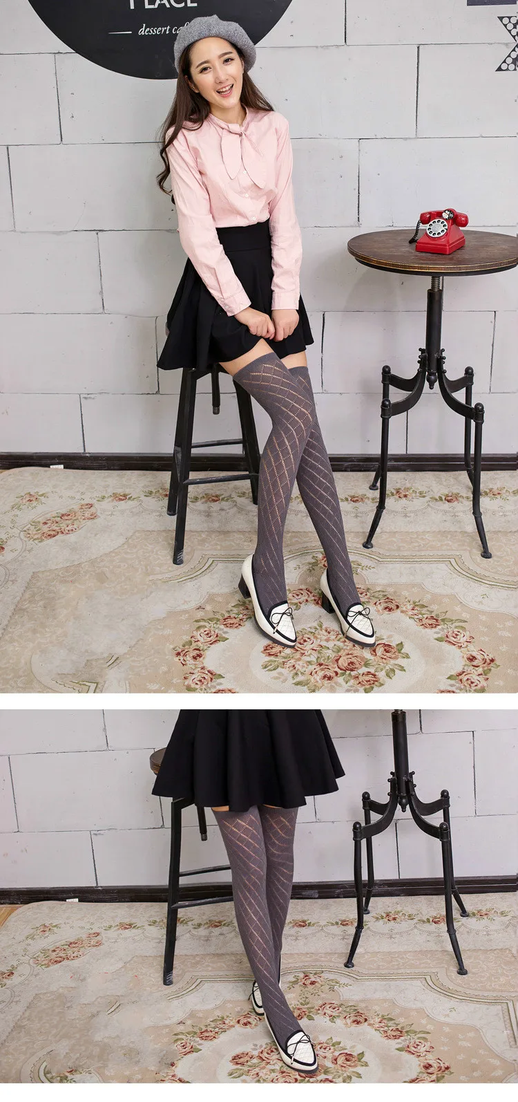 Japanese sweet mesh pure cotton socks fashion sexy hollow breathable solid color women's thigh high socks