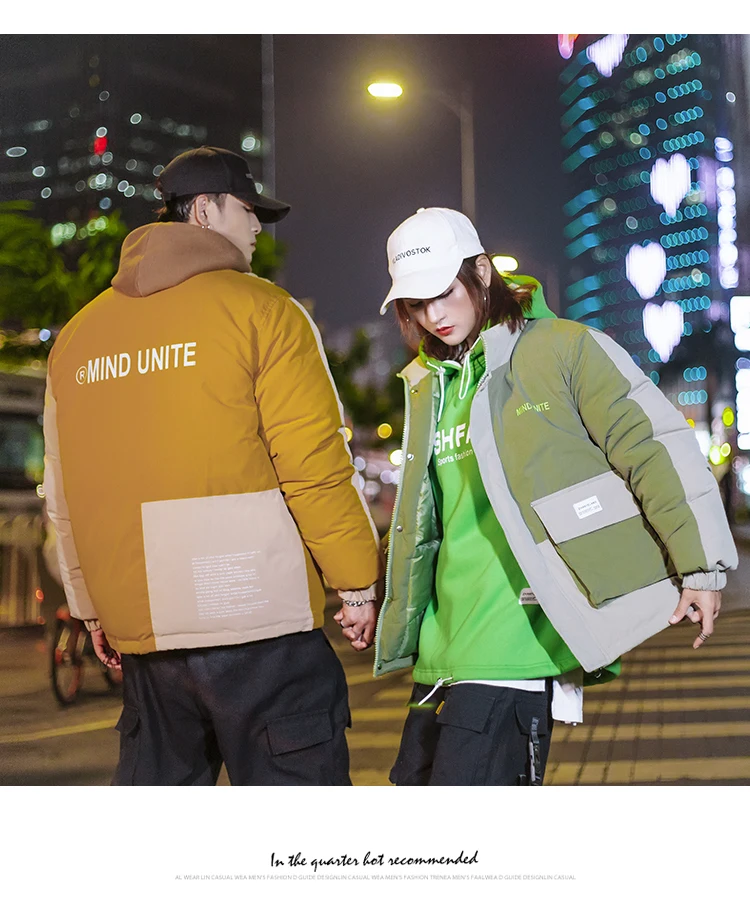 Legible Couple Patchwork Hip Hop Thick Parka Men Woman Streetwear Winter Fashion Parka Coat Lovers Safari Style Jacket
