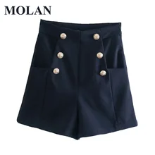 

MOLAN Shorts Women England Style With Metal Buttoned Bermuda Vintage High Waist Side Zipper Fashion Short Female Mujer